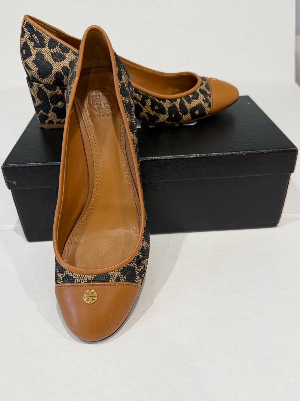 Tory Burch Leopard Canvas Block Heel with Tan Leather Cap Toe